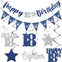 Blue Silver 18th Birthday Decorations for Boys Girls, Happy 18th Birthday Banner Stars Eighteen Years Old Hanging Swirls Hello 18 Bday Decor Party Supplies Sign