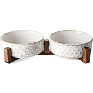 LE TAUCI Dog Bowl Set with Acacia Wood Stand - 1.5-Cup Ceramic Puppy Bowls for Small Dogs, Dual Food and Water Bowls with Weighted Non-Slip Base (Fireworks+Clover)