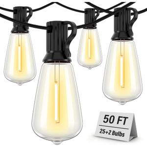Outdoor String Lights Waterproof, 50FT Patio Lights with 26 ST38 Edison Bulbs (1 Sqare), Outside Hanging Decorative Lights for Porch, Blacony, Blackyard, Bistro, Garden, 2700K