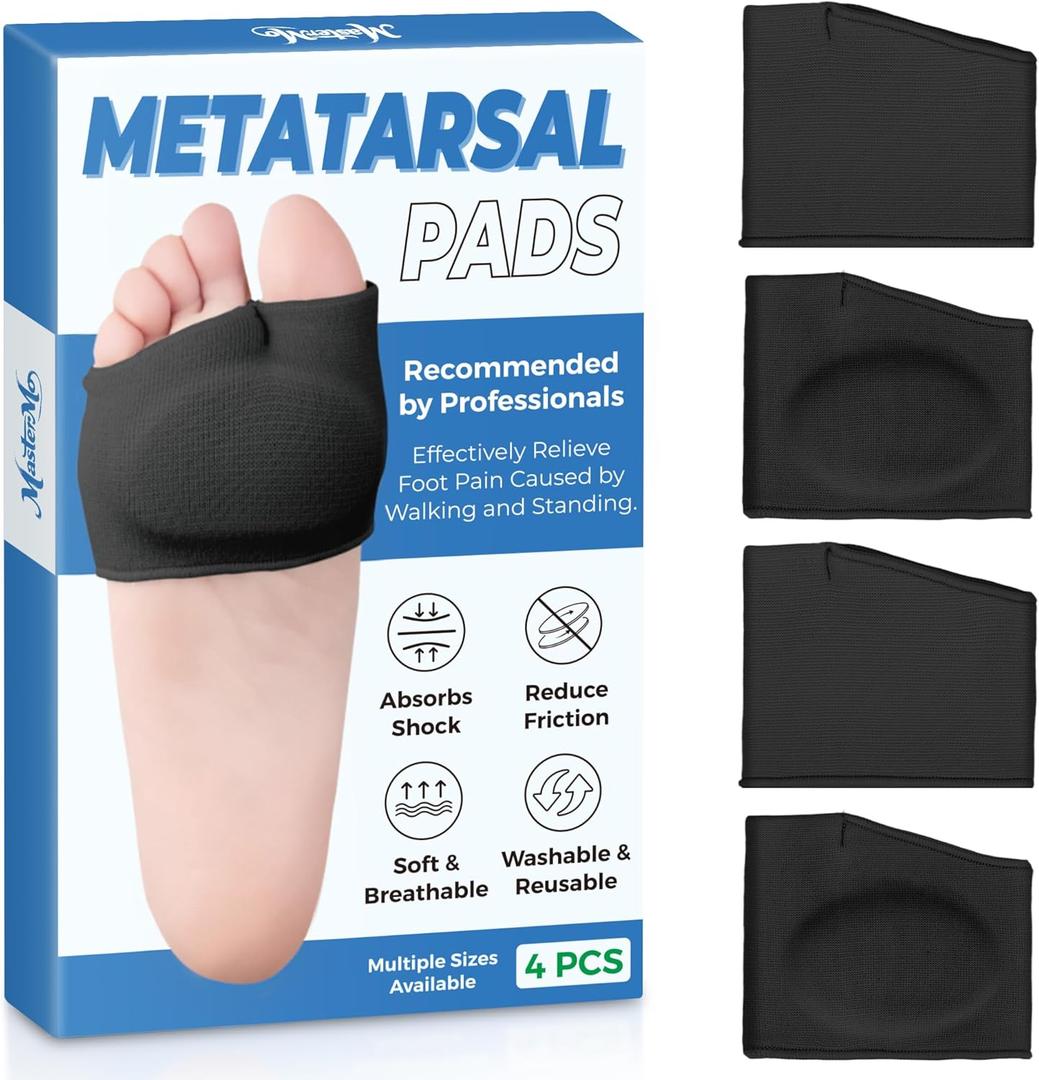 MasterMo Metatarsal Pads for Men and Women - Ball of Foot Pain Relief Cushions for Sesamoiditis, Metatarsalgia, Morton's Neuroma - 2 Pairs Fabric Sleeves with Gel Inserts (Black, M)