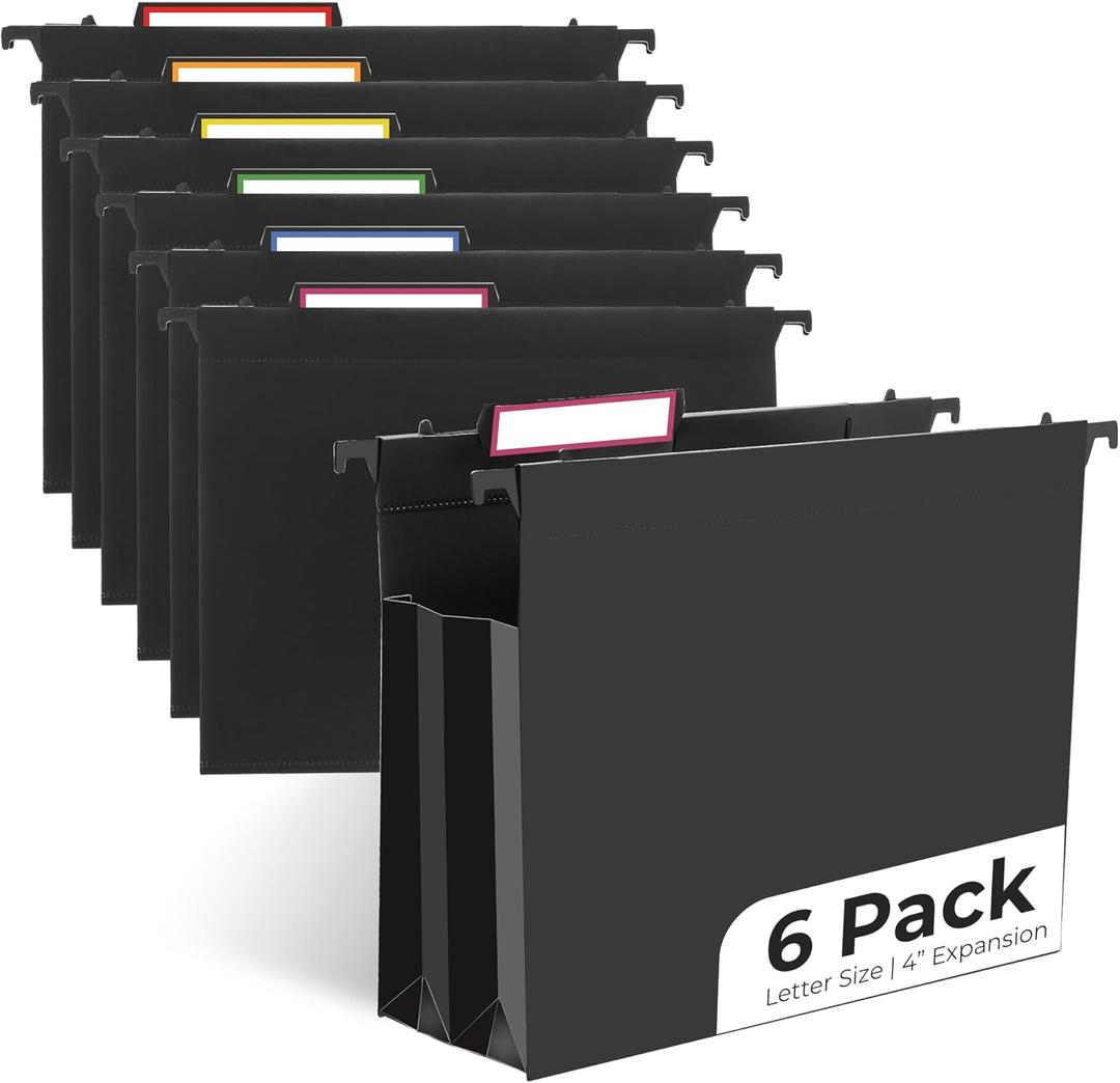 Y YOMA Plastic Extra Capacity Hanging File Folder, Letter Size, 4 Expansion, 6 Pack Black Reinforced Expanding Hanging Folders with Tabs, Heavy Duty Waterproof Accordion for Bulky Files