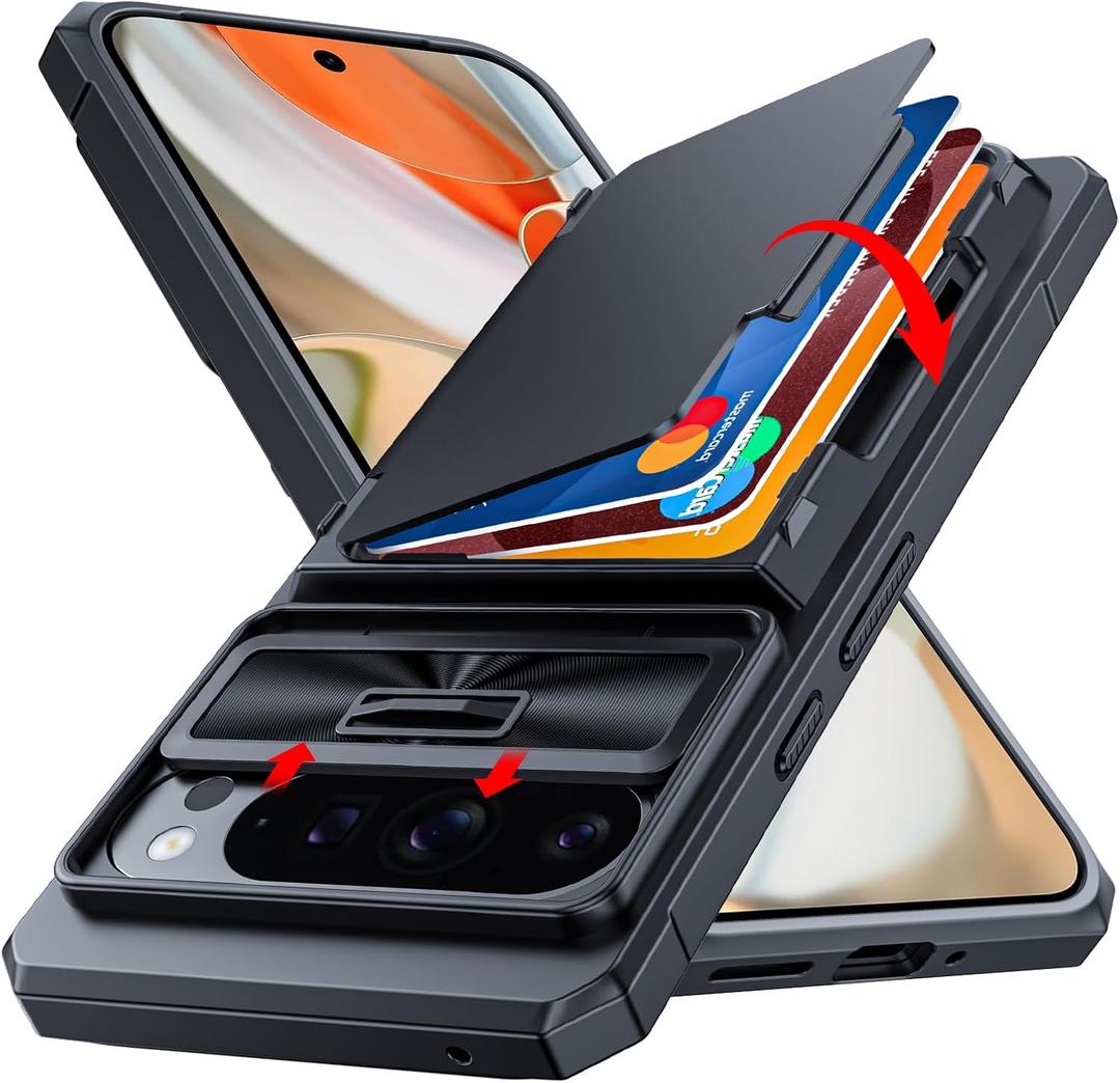 CENMASO for Google Pixel 9 Pro XL Case with Card Holder (4 Cards) Sliding Camera Cover & KickstandRFID Blocking Military Drop Protection & TPU Edge Wallet Case for Pixel 9 Pro XL-Black