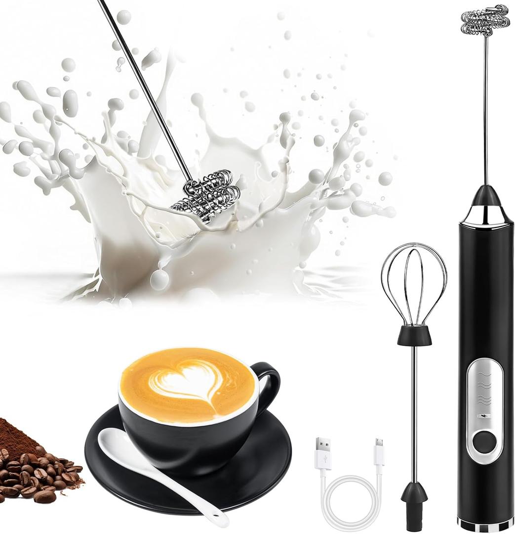 Milk Frother Handheld, Rechargeable Coffee Frother Wand with 2 Stainless Whisks 3 Speeds, Drink Mixer, Electric Foam Maker, Hand Mixer for Lattes, Cappuccino, Matcha, Egg, Black