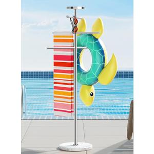 Natural Marble Outdoor Towel Rack with Weighted Base, KES 5-Feet Pool Towel Rack Outdoor for Hot Tub 18/8 Stainless Steel, Adjustable 3 Arms with Storage Tray, Brushed Finish OTR200-2