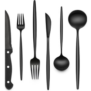 EWFEN 24-Piece Black Silverware Set with Steak Knives, Black Flatware Set for 4, Food-Grade Stainless Steel Tableware Cutlery Set, Mirror Finished Utensil Sets for Home Restaurant, Long Edge