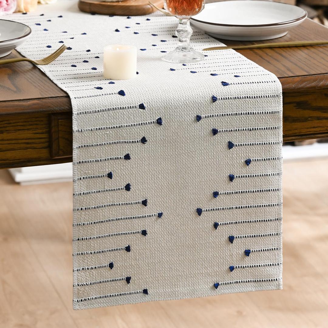 Artoid Mode Dark Blue Boho Table Runner for Farmhouse RusticSeasonal Holiday Macrame Burlap Kitchen Dining Table Decoration for Home Party Decor 12x60 Inch