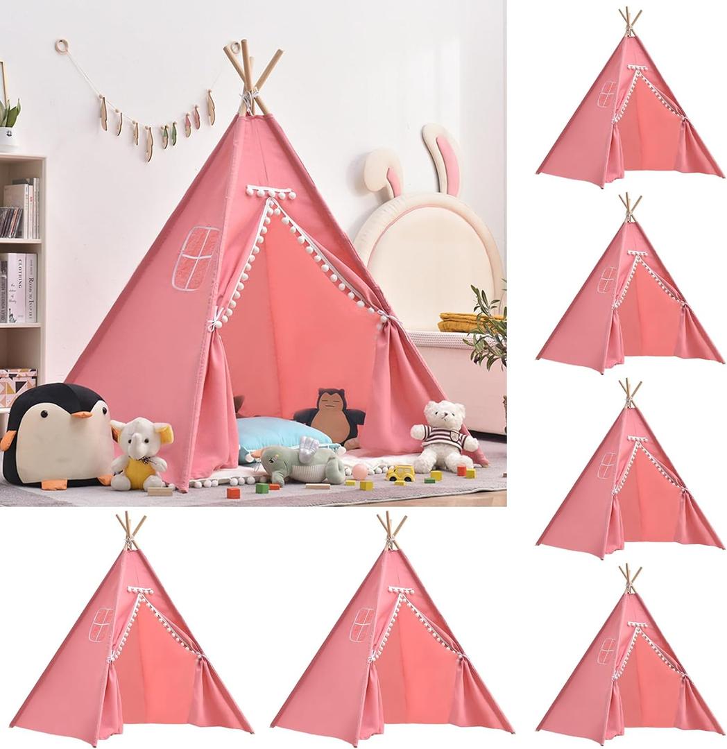 6 PCS Pink Kids Teepee Play Tent, Foldable Washable Tipi Tent Kids Boho Tent, Playhouse for Girls Boys Sleepovers Party Birthday Party Slumber Party for Indoor Outdoor Games, Large