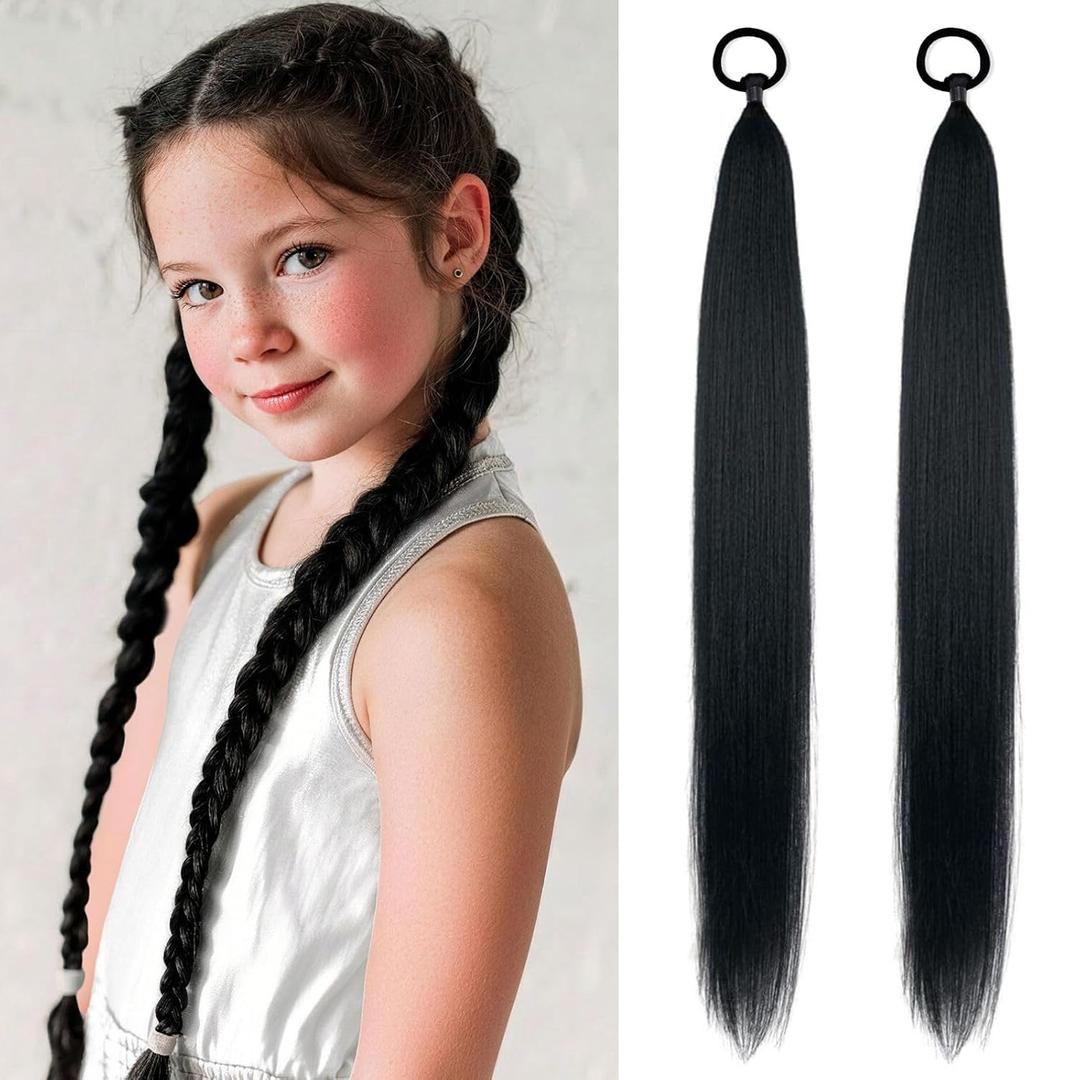 Black Ponytail Extension, 2 Pack Long Straight Synthetic Braided Ponytail Easy to Attach, Wrap Around Black Hair Extensions with Elastic Tie Daily Party Cosplay for Girl Women, 26 Inch