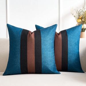 Rustic Pillow Covers Patchwork 18x18 Inch Pillow Case Cotton and Linen and Polyester Blue Black Red Farmhouse Accent Pillows for Couch Bedroom Sofa Living Room Set of 2