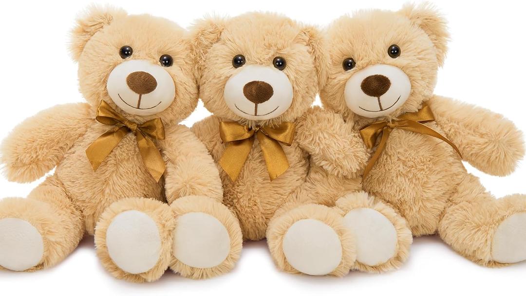 MorisMos 3Pcs Teddy Bears Bulk Baby Shower, 14inch Cute Teddy Bear Stuffed Animals Plush, Small Stuffed Bears on Centerpiece Baby Shower, 3Pcs Brown