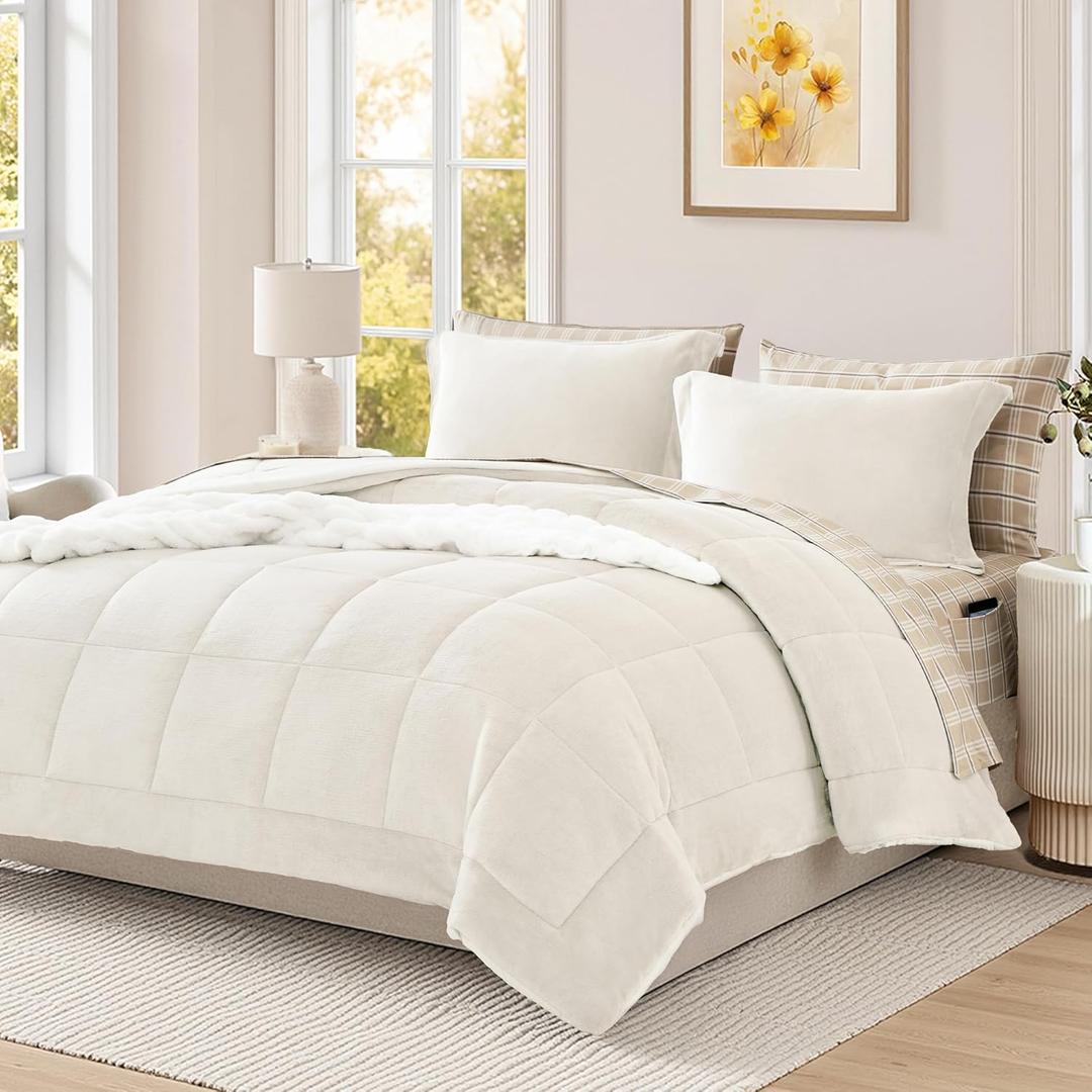 Plush Queen Comforter Set Cream White, Flannel Velvet Comforter Sets 7 Pieces Bed in a Bag, Soft Warm Winter Bedding Set with Sheets, Pillowcases & Shams