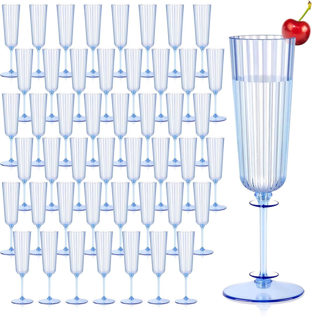 48 Pack Plastic Champagne Glasses Blue Unbreakable Ribbed Champagne Flutes Detachable 5.5 Oz Disposable Stemware Glasses Wine Toasting Cups for Wedding Bridal Shower Gifts Bridal Shower Housewarming