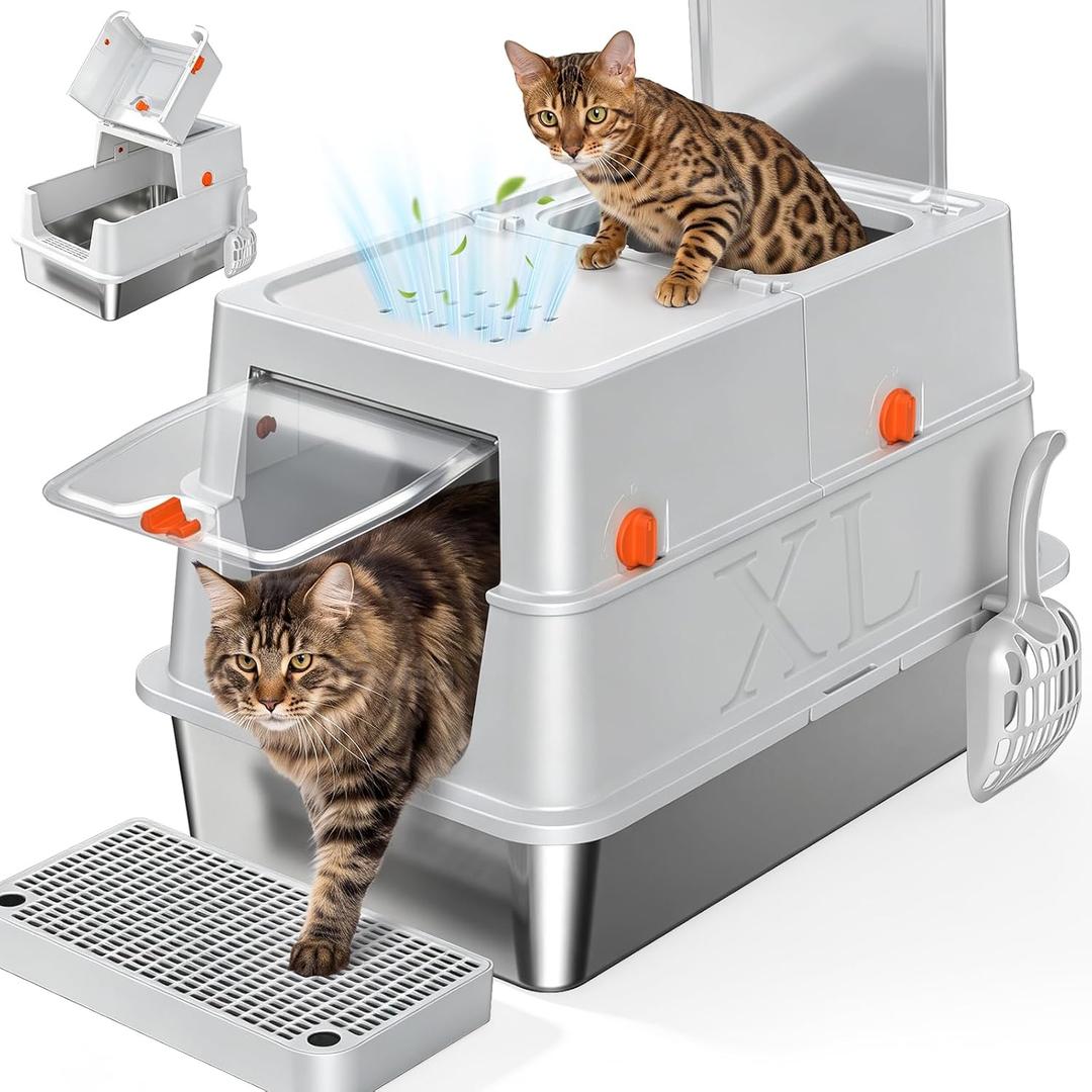 XL Enclosed Stainless Steel Litter Box with Lid,Covered,Light Gray