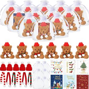 Poen 24 Set 4 Inch Mini Christmas Stuffed Plush Bear with Santa Hat Scarf Cards Organza Bags Xmas Small Bear Toy Set for Holiday Party Favor(Classic Style)