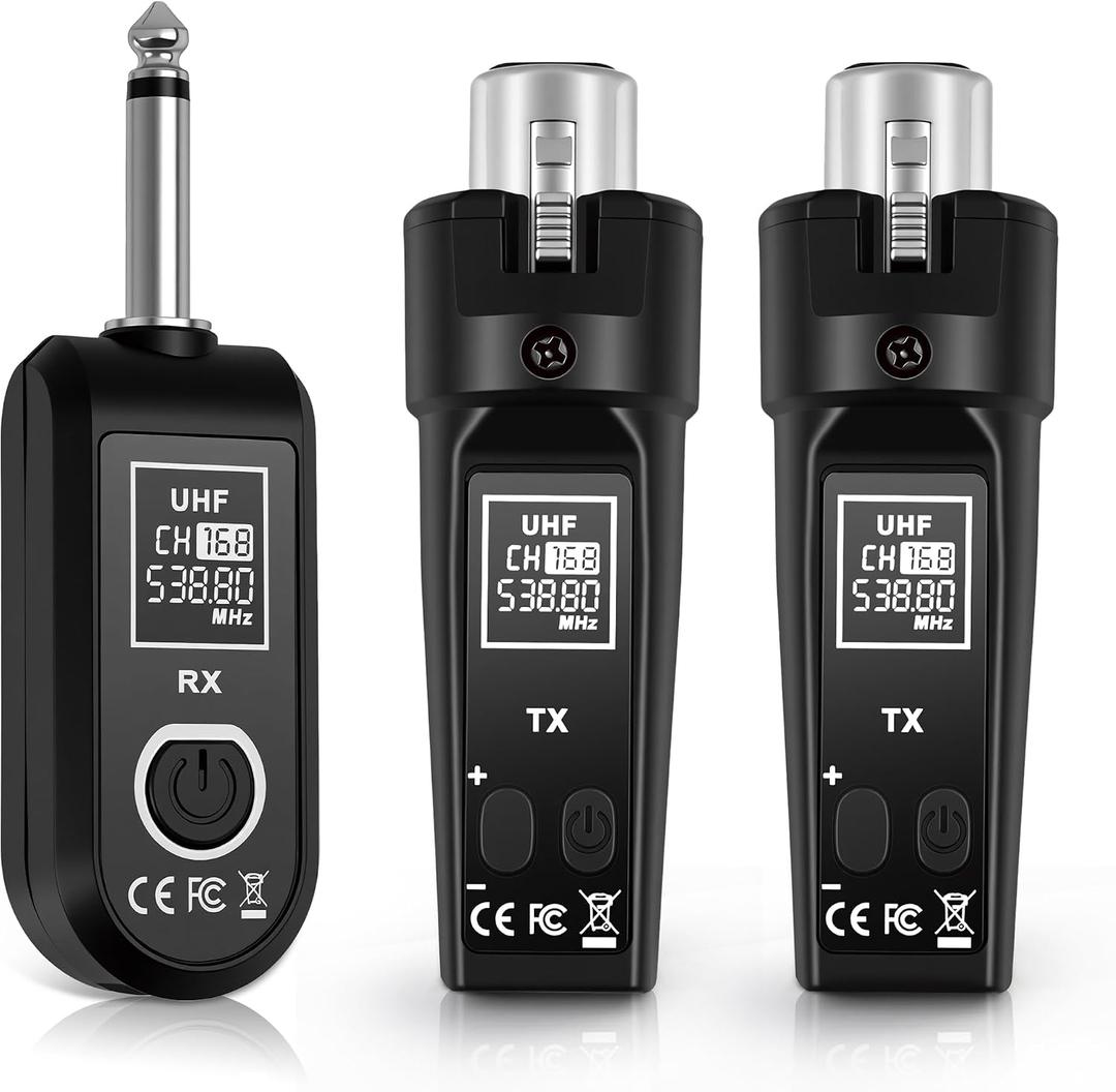 Ease of Use 2.4GHz Professional Wireless XLR Microphone System - 1 Receiver & 2 Transmitters, for Dynamic Mic, Audio Mixer, Electric Guitar & Bass