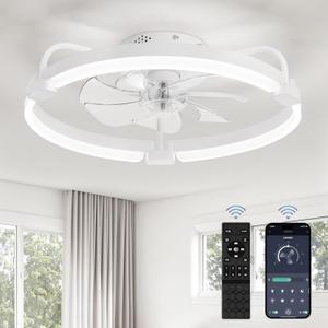 LEDIARY Ceiling Fans with Lights and Remote, 20'' Low Profile Ceiling Fan with Light, 3000-6000K Dimmable Fandelier LED Fan Light, 6 Wind Speeds, White Modern Flush Mount Ceiling Fan for Bedroom