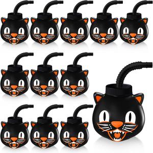 Umigy Halloween Cup for Kids 10 oz Reusable Plastic Cups Bulk Black Cat Shaped Cup with Lid and Straw for Gift Halloween Themed Party Favor Supplies(12 Pcs)
