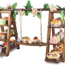 Wisreach Wooden 3 Tier Cupcake Stand with Swing and Flower Decoration Serving Removable Tray Display Serving Ladder Foldable Stand with Serving Platter Tray Party Food Display Set for Cake Snack Fruit Chips Bread Centerpieces Catering