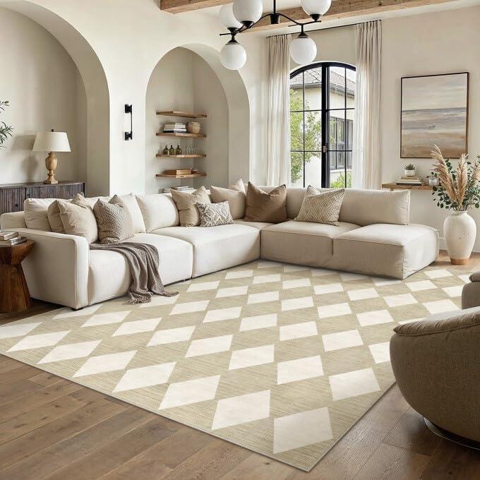 PureCozy Machine Washable Beige 8x10 Area Rugs for Living Room Modern Soft Large Checkered Rug Non-Slip Low Pile Accent Indoor Office Carpet for Bedroom Dining Room Nursery Classroom