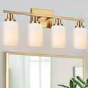 MELUCEE 4 Lights Bathroom Lighting Fixtures Over Mirror, Modern Brass Vanity Lighting Fixtures Bathroom Wall Lights with Milky White Glass Shade for Bathroom Hallway Bedroom, E26 Sockets