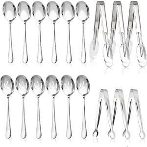Mwellewm 18Pcs Serving Utensils, Serving Spoons for Buffet, Serving Tongs for Food, Large Slotted Spoons, Stainless Steel Banquet Cutlery Set for Parties Weeding Birthday Entertaining Catering(Silver)