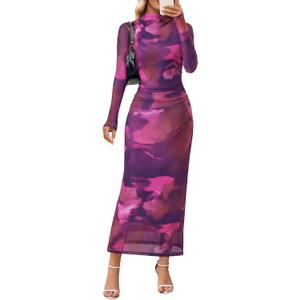 MEROKEETY Women's Spring Wedding Guest Dress 2026 Long Sleeve Bodycon Floral Mesh Fall Cocktail Holiday Party Maxi Dresses (Purple, M)