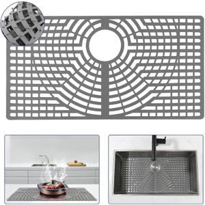 Silicone Sink Protector 26x14" Rear Drain Hole, Heat Resistant Non-slip Dishwasher Suitable, Large Sink Mat for Bottom of Farmhouse Kitchen Stainless Steel Sinks, (Grey)