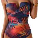 Eomenie Women's Push Up Wrap Front Swimsuit One Piece Tummy Control Bathing Suits Bandeau Support Slimming Swimwear (Large, Red and Yellow Printed)