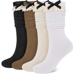 2 x Slouch Socks for Women Long Knee High Socks Women Frilly Lace Ruffle Calf Stacked Boot Sock Scrunch Slouchy Sock (Black, White, Khaki & Beige)