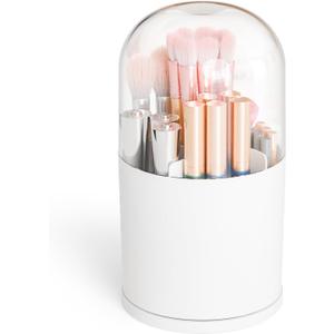 Yieach Rotating Acrylic Makeup Brush Holder with Lid for Vanity,Bathroom,Countertop,Covered Makeup Brushes Organizer,Round Spinning Cosmetic Brushes Holder and Make up Brush Storage with Cover,White