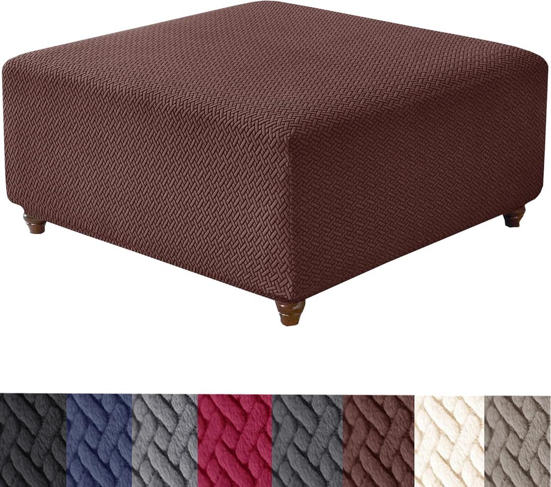 HFCNMY Ottoman Cover Square,Stretch Knitted Jacquard Square Ottoman Cover Thick Ottoman Slipcover Square Washable Storage Ottoman Cover Foot Stool Cover with Elastic Bottom Coffee X-Large
