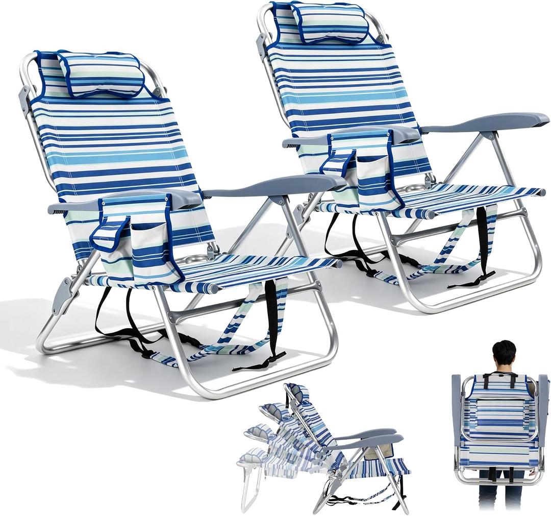 Portable Beach Chair for Adults Lightweight Outdoor Camping Chair Lay Flat Folding Backpack Beach Reclining Chair with 8 Positions Headrest Cup Holder Towel Bar Pouch, Blue Ocean Striped(2 Pack)