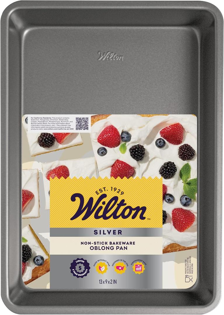 Wilton Silver Non Stick Oblong Cake Pan, Perfect for Cake and Lasagna, Made without PFAS, Durable Steel, Even Heating, 13 x 9 x 2 in