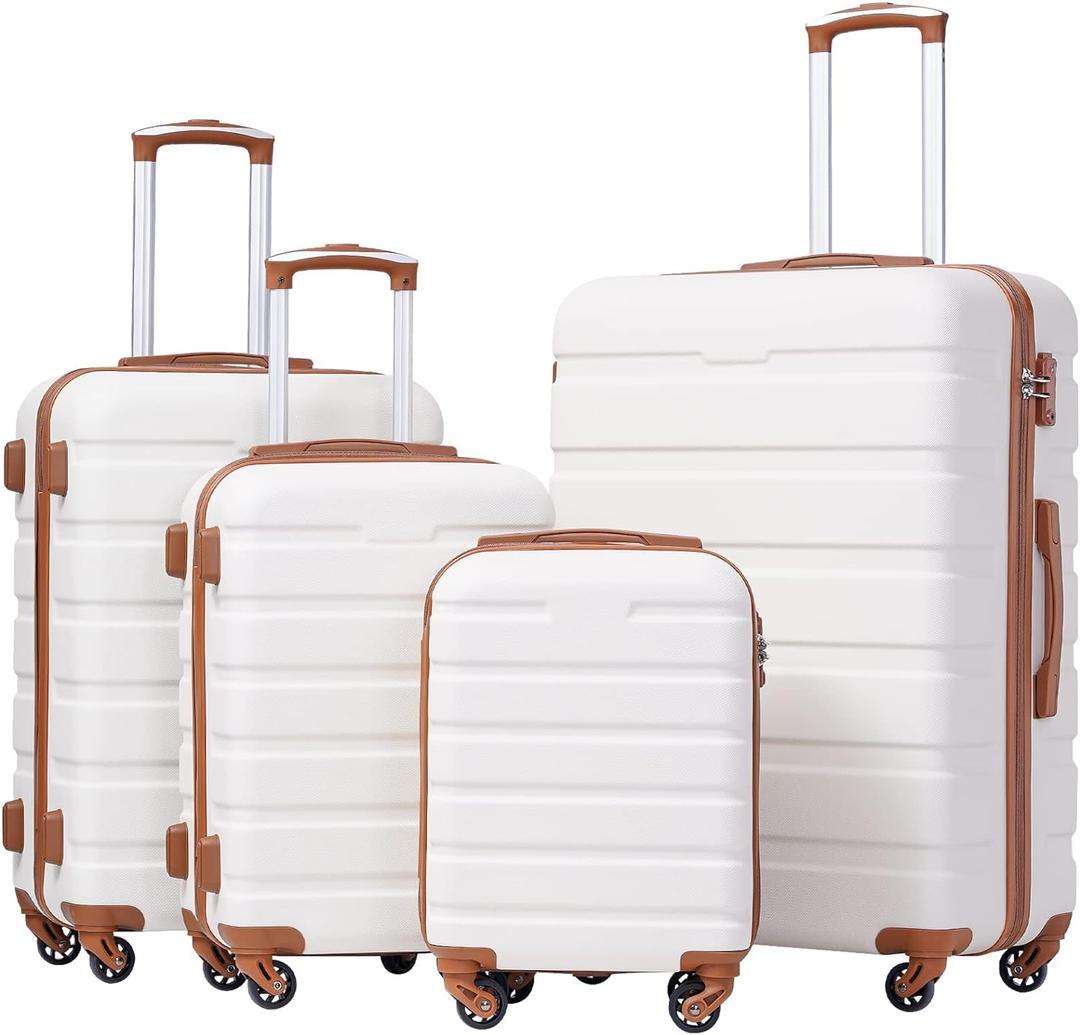 Coolife Luggage 4 Piece Set Suitcase Spinner Hardshell Lightweight TSA Lock (Family Set, Apricot White)
