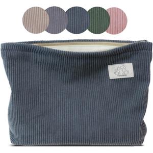 HAPPYHEIDI Dark Gray Corduroy Makeup Bag Cosmetic Toiletry Travel Pouch, Make Up Accessory Purse Organizer, Canvas Lined