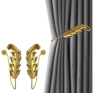 HEVSTIL 2Pack Leaf Shaped Curtain Holdbacks Curtain Hook Drapery Holdbacks Classical Metal Curtain Side Holders Decorative Wall Mounted Hooks Hangerfor Drapes Window Home Decoration,Gold