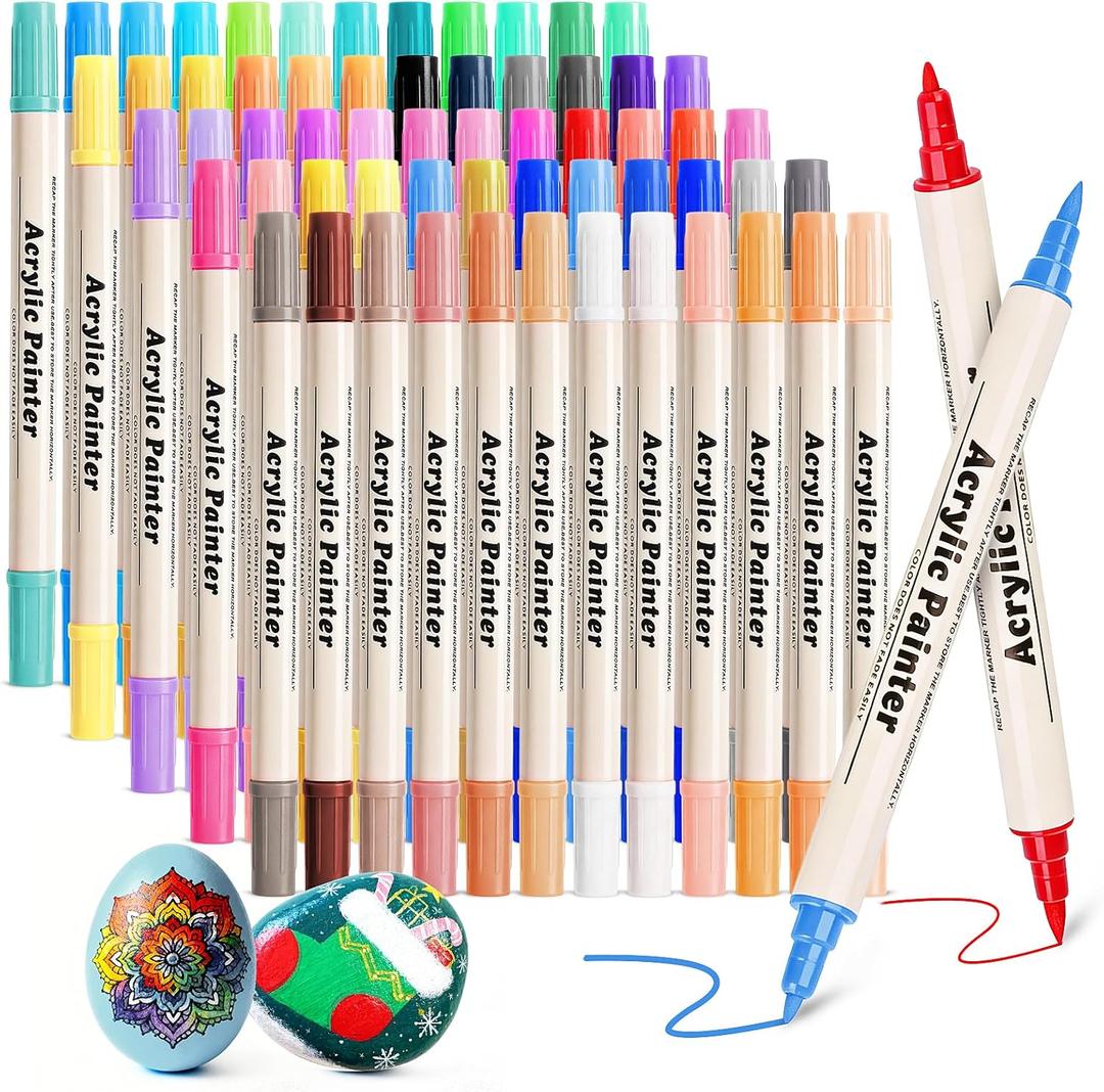 60 Colors Dual Tip Acrylic Paint Pens Markers Dual Tip Markers Art Canvas Kit Paint Brushes for Canvas Painting Drawing Graffiti Waterproof and Colorfast