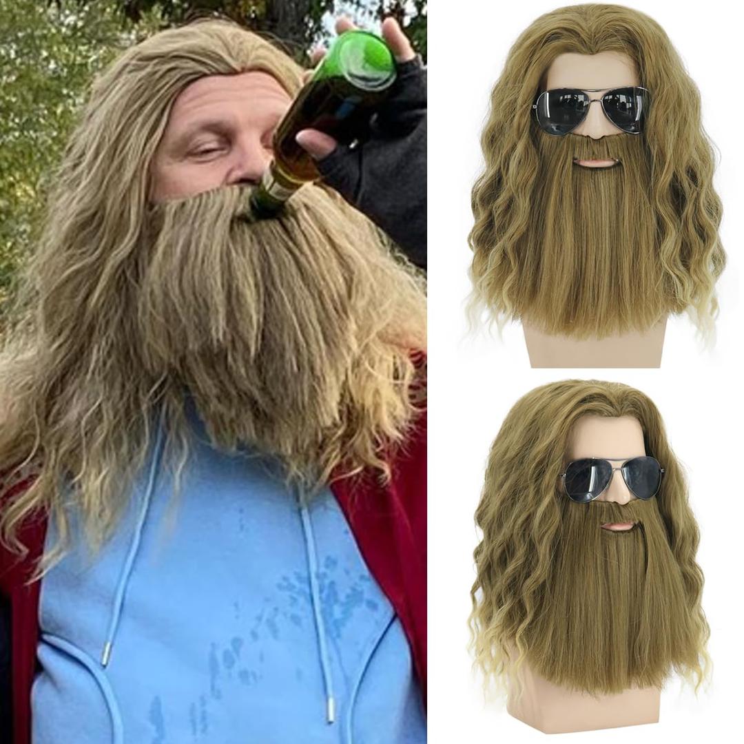 MAGQOO Golden Brown Wig with Beard Mustaches Men's Long Curly Wig Golden Brown Hair Wigs Halloween Cosplay Costume Party Wigs