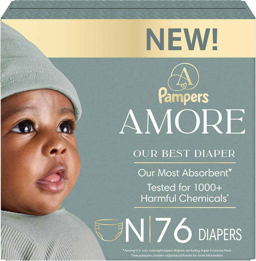 Pampers Amore, Size 0 (up to 10 lbs), 76 Count, Our Best Diaper Hypoallergenic & Fragrance Free, Up to 100% Leakproof, Soft as Cashmere