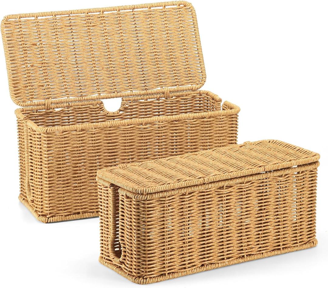 2Pack Large Cable Management Box, Handwoven Imitation Rattan Cord Organizer Wire Hider Box, Desk Cord Management to Hide Cords and Power Strips (Brown)