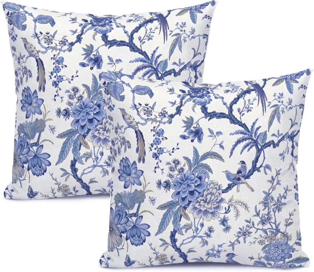Chinoiserie Throw Pillow Covers Blue and White Home Decor 20x20 Inch, Floral Pillowcase Cushion Cover for Bed Sofa Couch, 2 Sets