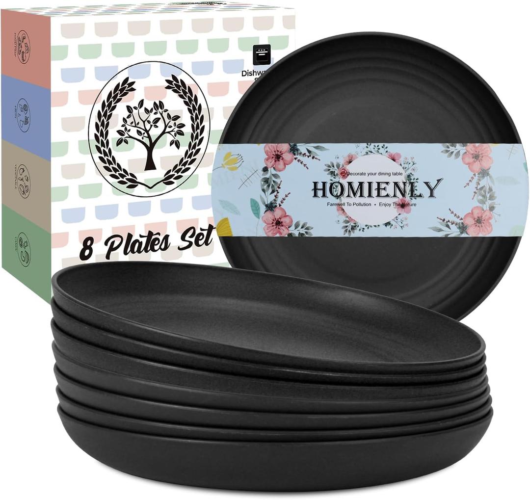 Homienly Wheat Straw Plates Set - 11 inch Reusable Large Dinner Plates Set of 8, Lightweight Unbreakable Salad Plates, Microwave and Dishwasher Safe Plates, Deep Plates for Dinner, Camping - Black