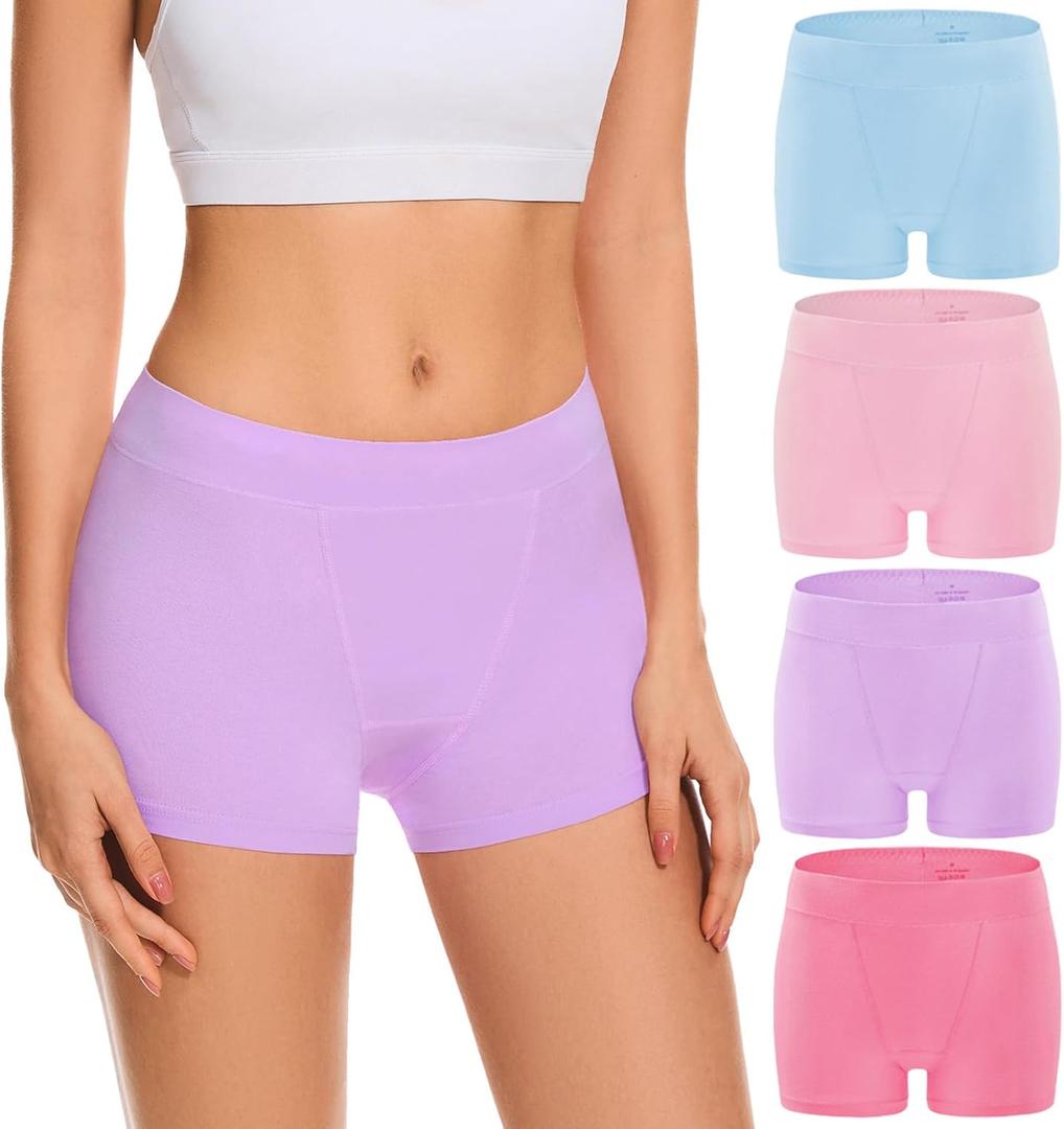 Migbean Boy Shorts Underwear for Women Cotton Panties Mid Waisted Boxer Briefs Breathable Underwear Multipack 4 Pack (Large, Light Blue/Light Pink/Light Purple/Dark Pink) Large