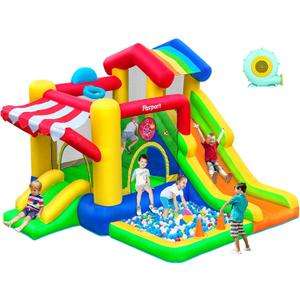 FBSPORT Inflatable Bounce House with Slide for Kids, Indoor and Outdoor Blow up Bouncy House Bouncer Castle with Ball Pit, Jumping Area, Climbing Wall, Ball Shooting, Ring Toss, Basketball Hoop