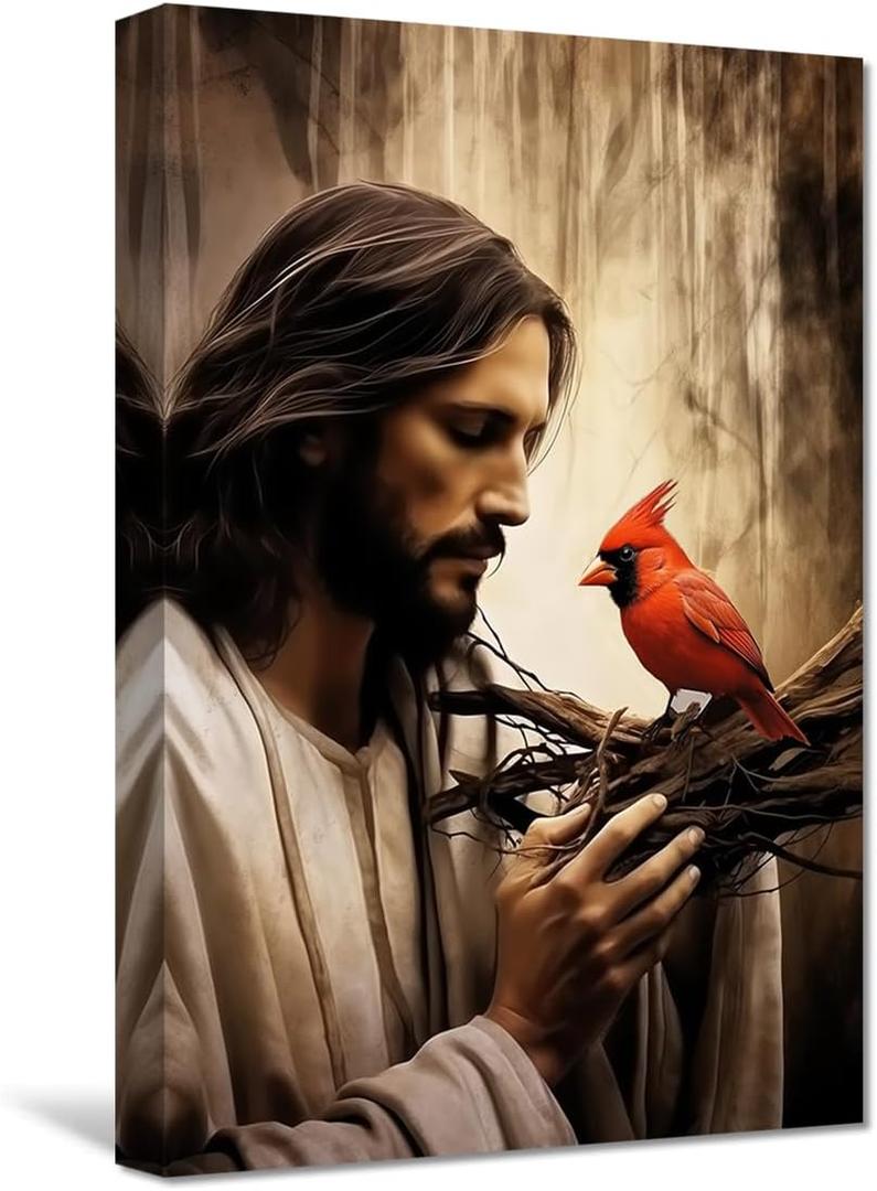 CXHOSTENT Jesus Canvas Wall Art - Jesus with Red Birds Cardinal Picture Print for Church Prayer Room - Framed (24.00"x36.00")
