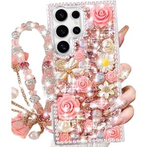 for Samsung Galaxy S25 Ultra Glitter Bling Case,Cute Luxury 3D Sparkle Crystal Rhinestones Flowers Diamond Pearl with Lanyard Wrist Strap Women Girls Case for Galaxy S25 Ultra 6.9 Inch (Pink)