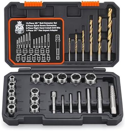 REXBETI 26-Piece Bolt Extractor Screw Extractor Set and Cobalt Drill Bit Set, Case with 13-Piece Bolt Extractor, 6-Piece HSS Drill Bit, 6-Piece Spiral Screw Extractor and 1-Piece Socket Adapter