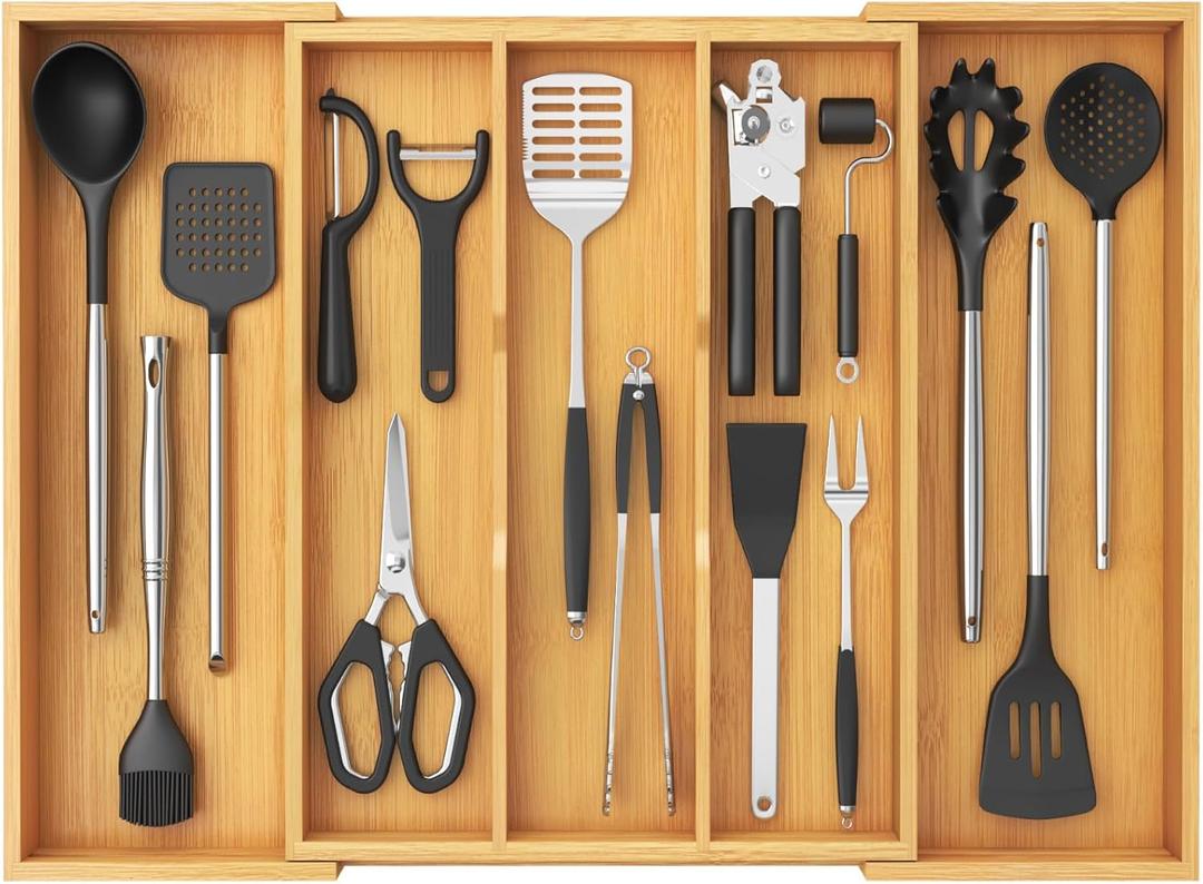Lifewit Utensil Organizer for Kitchen Drawer, Expandable Cooking Utensil Tray, Cutlery Silverware Flatware Holder, Wood Adjustable Spatula Tools Storage Divider, 15.6-28 x 18.5, Natural