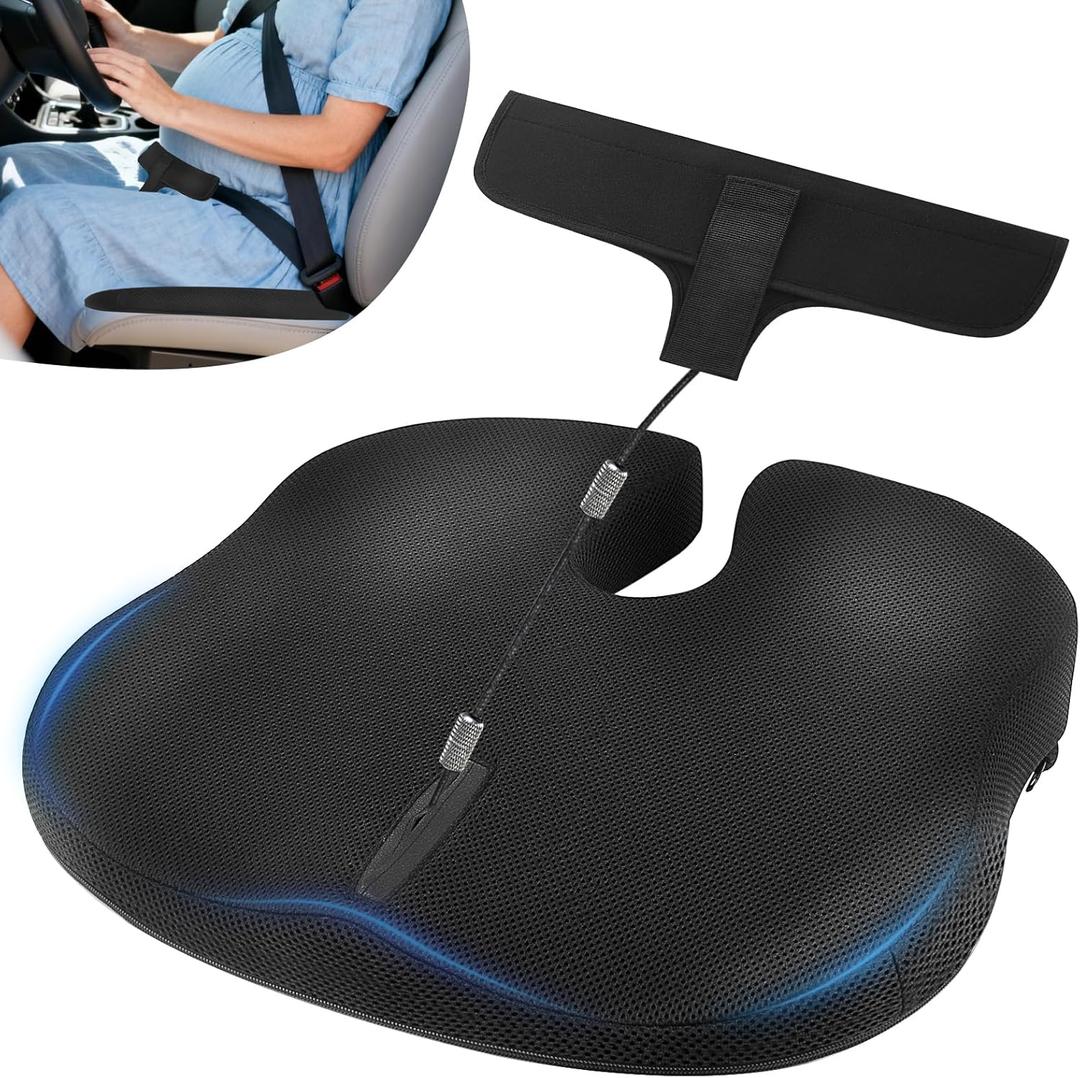 Car Seat Cushion for Pregnant Drivers and Passengers, NHTSA Recommended Prevent The Abdomen from Stress with Strap Adjuster, Memory Foam Seat Cushion for Tailbone Pain Relief, Sciatica & Back Support (Black)