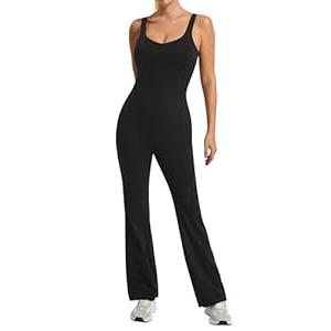 AFITNE Workout Jumpsuits for Women Padded with Built in Bra Flare One Piece Yoga Strappy V neck Athletic Long Pants (Black, XL)